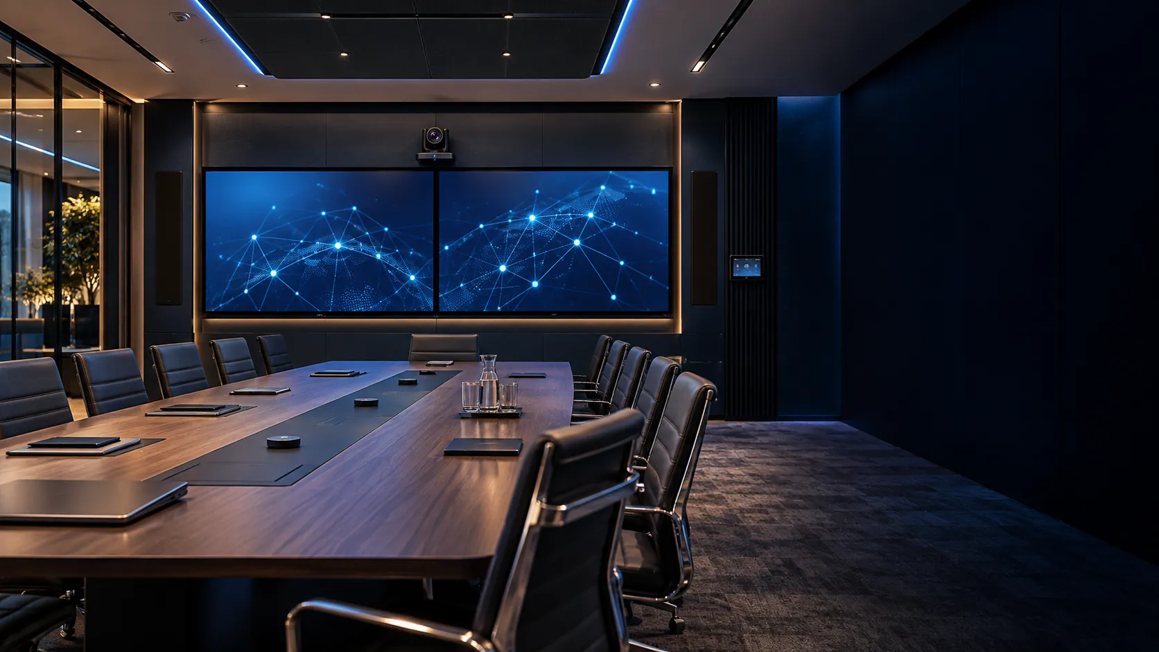 Sala de videoconferência com telas, câmera, microfones e controle integrado