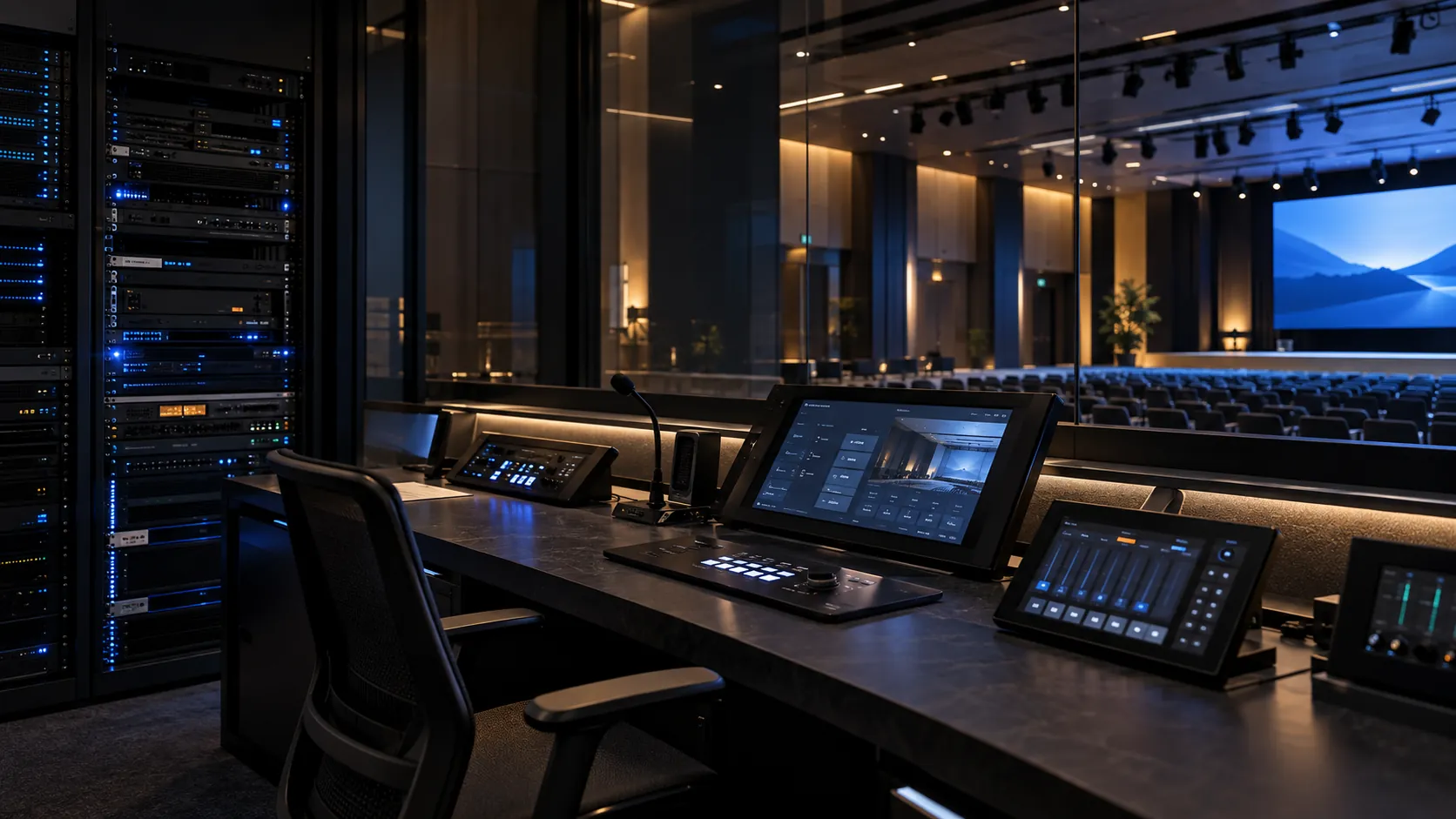 Estação de controle audiovisual com equipamentos técnicos e auditório ao fundo