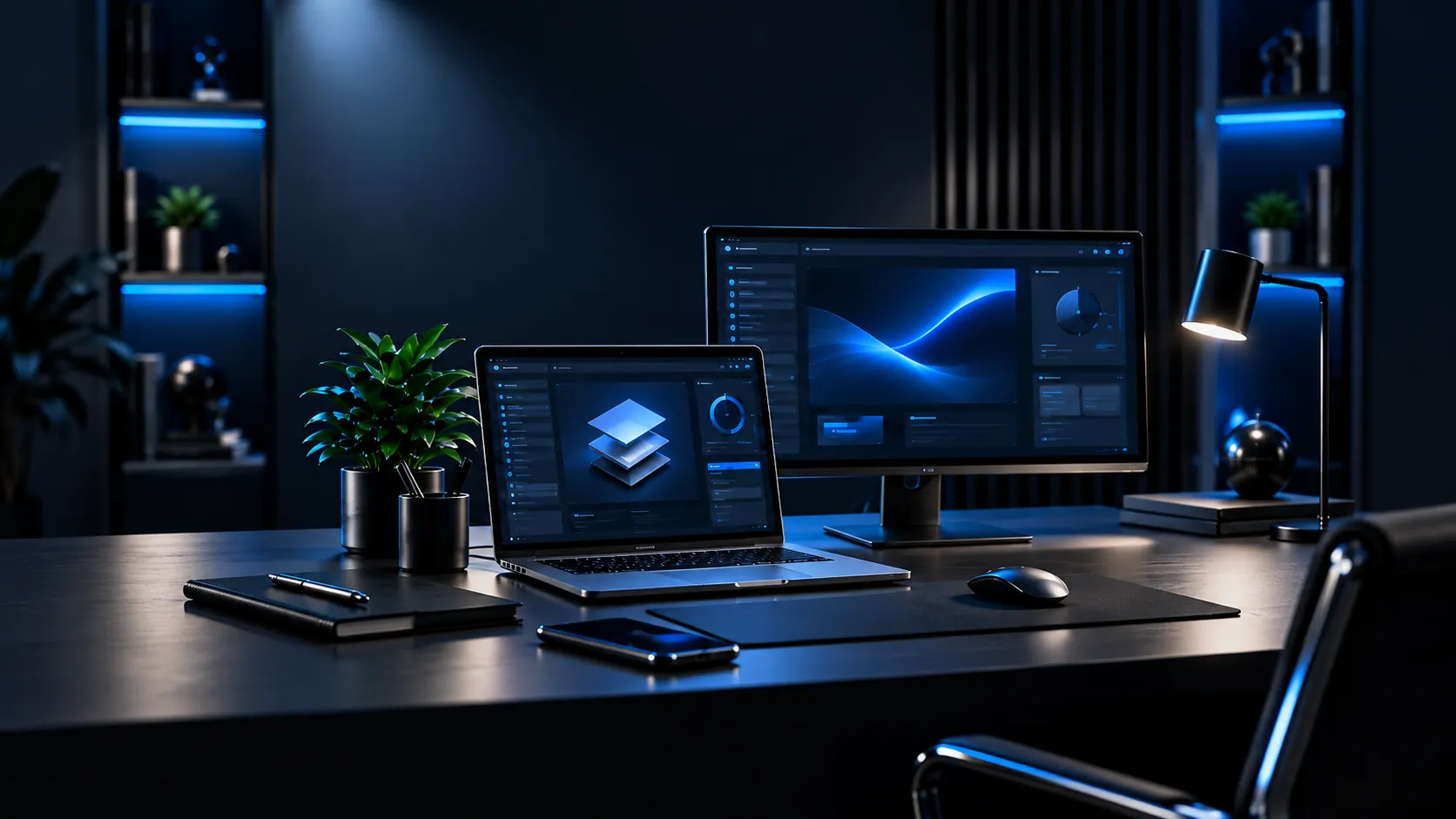Estação de trabalho com computadores e interfaces digitais