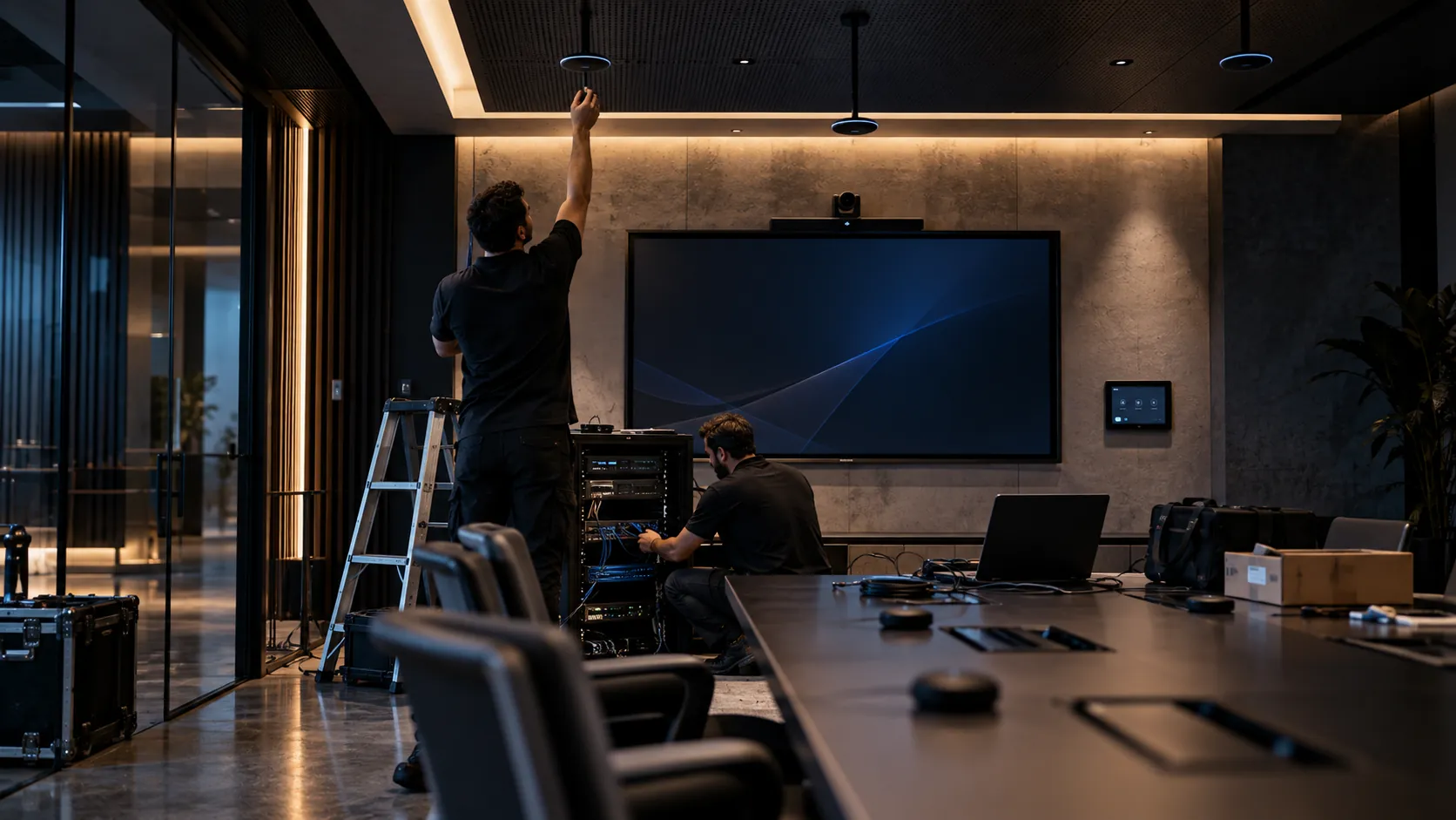 Técnicos instalando equipamentos audiovisuais em uma sala de reunião