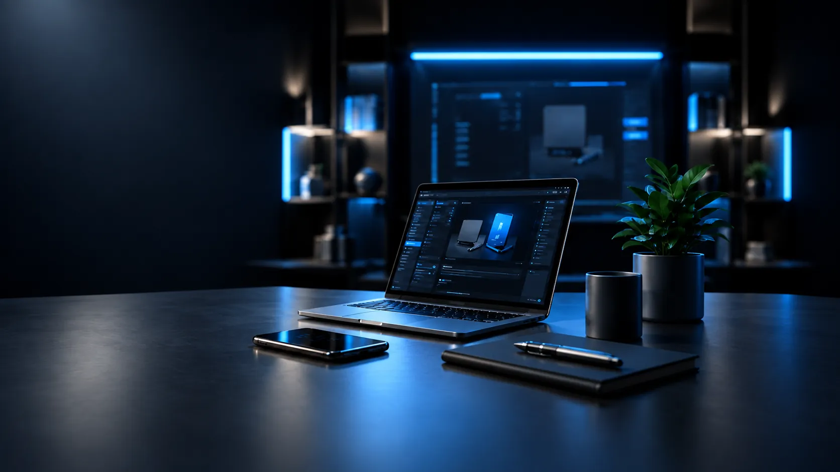Estação de trabalho com notebook em ambiente tecnológico